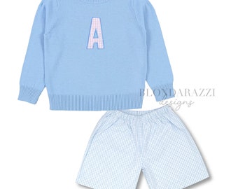 Boys Easter Outfit with sweater and matching plaid shorts personalized embroidered applique light blue white for toddlers children kids