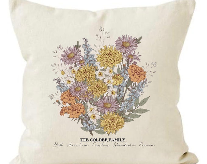 Birth Month Flower Bouquet Pillowcase Cover personalized with family names and family birth dates - gift for mom mother grandma grandmother