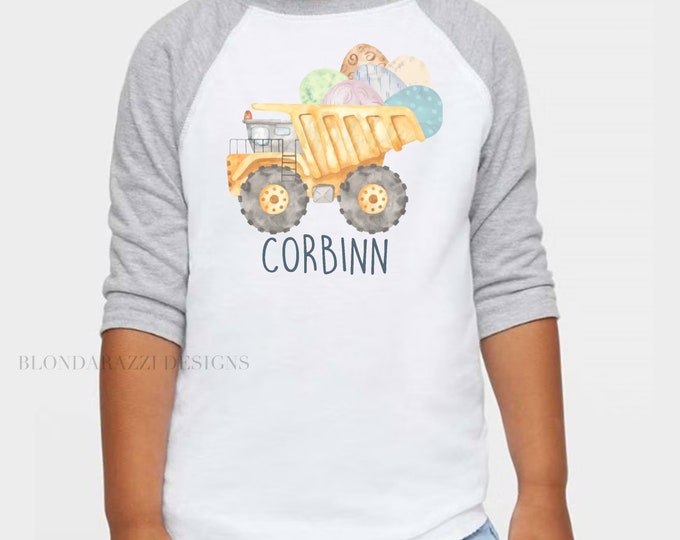 Boys Easter Shirt with Personalized name under a dump truck full of eggs