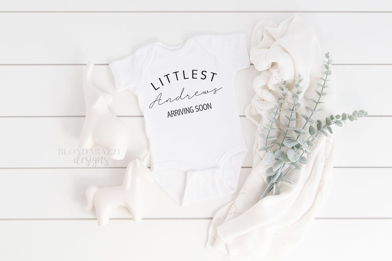 Littlest Family Member Arriving Soon Baby Bodysuit Pregnancy Announcement Outfit Custom Personalized with last name