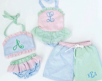 Seersucker Swimsuits for Baby and Toddler Girls and Boys MORE COLORS AVAILABLE! Matching sibling swimwear with embroidered monogram