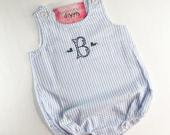 Baby boys seersucker bubble romper with embroidered initial and mallard ducks white and blue additional colors available