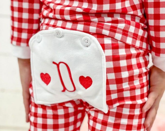 Red and White Valentine's Day Pajamas for Boys and Girls with personalized buttflap - check print for baby infant toddler and youth kids
