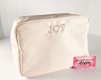 Large Monogramed Cosmetic Bag - Personalized embroidered makeup bag with zipper for women