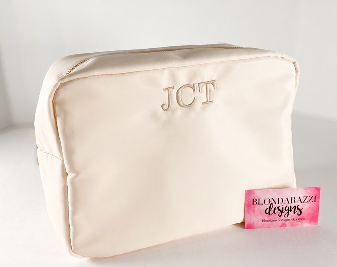 Large Monogramed Cosmetic Bag - Personalized embroidered makeup bag with zipper for women