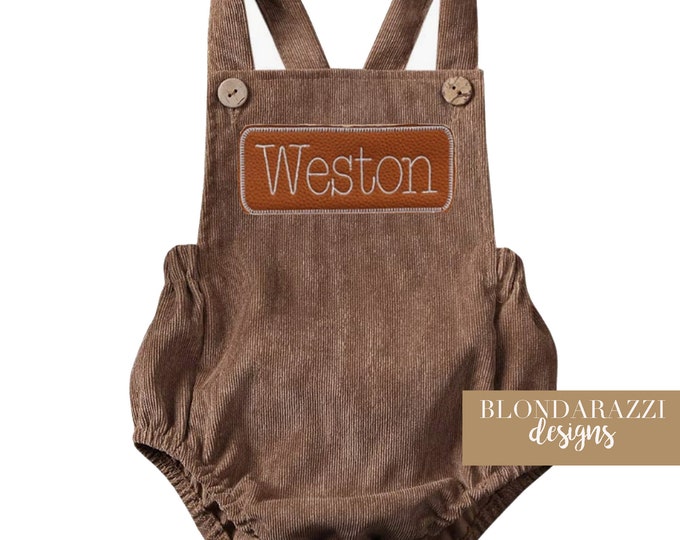 Country Western Baby Outfit for boy or girl overalls suspenders lightweight corduroy bubble romper with embroidered faux leather name patch