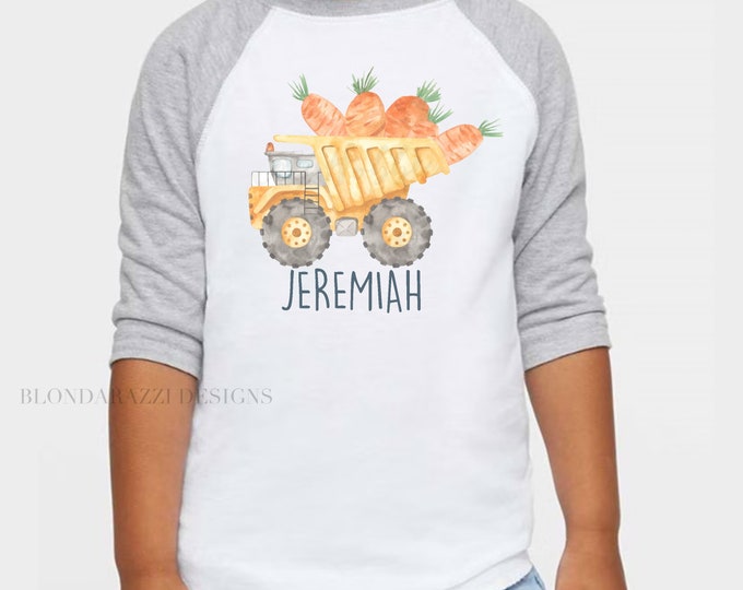 Boys Easter Shirt Carrots in the back of a Dump truck with Personalized Name