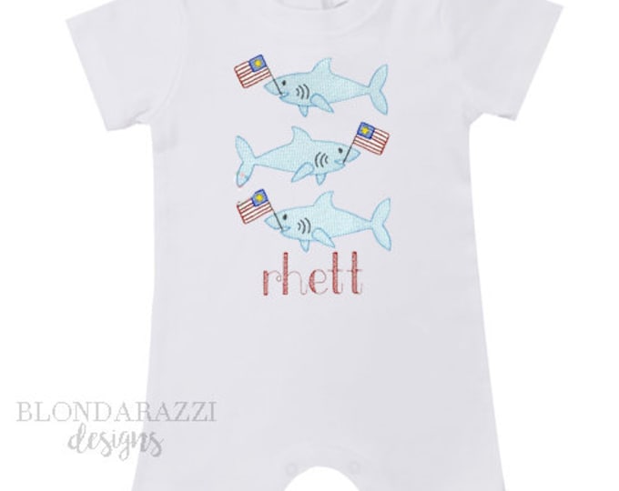 4th of July Baby Boys Romper One Piece Outfit with sharks american flag and personalized embroidered name