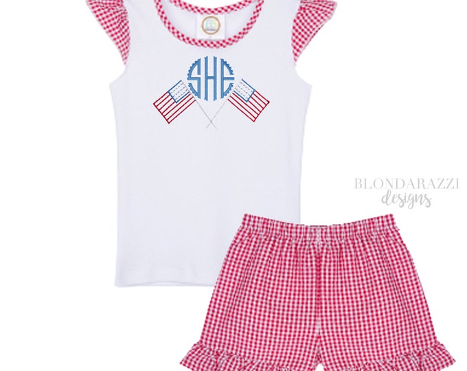 Girls 4th of july shirt and shorts outfit with personalized monogram american flags ruffles and red gingham details