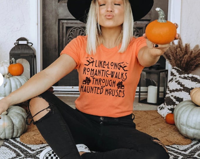 Womens Halloween Shirt - I Like Long Romantic Walks Through Haunted Houses - Black graphic on white heather gray or orange tshirt