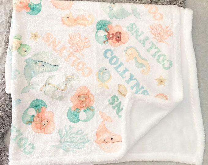 Personalized Mermaid under the sea ocean baby blanket - mint blue coral watercolor animals with custom name