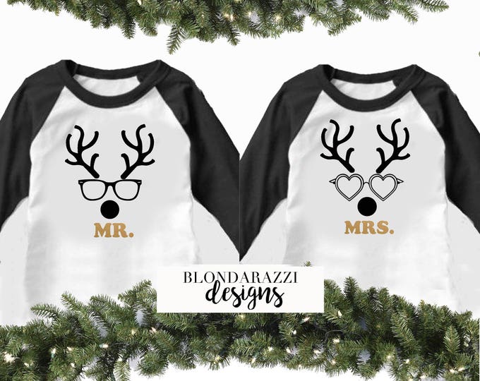 Mr. and Mrs. Christmas Reindeer Shirts Set of Two Pajama Baseball Tees Gift for Bride and Groom Honeymoon tshits