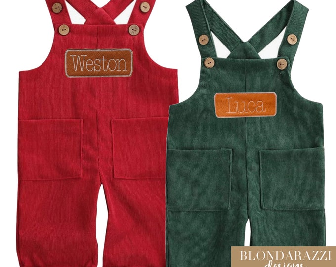 Christmas Toddler Outfit for boys overalls Jumpsuit lightweight corduroy tallall with personalized embroidered faux leather name patch