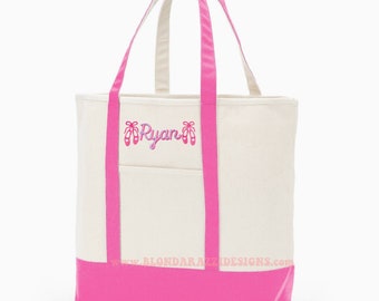 Dance Tote Bag with Embroidered Ballet Slippers and Personalized Name - pink and other colors available