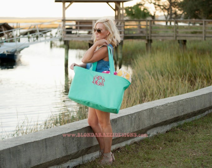 Monogrammed Large Ultimate Utility Tote Bag with six pockets inner zipper Colorful Bright Colors - Beach Boat Pool Summer Tote