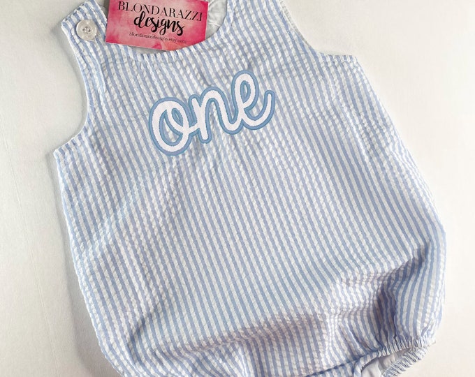 Baby boys 1st birthday seersucker bubble romper with embroidered applique one with white background baby blue or navy available