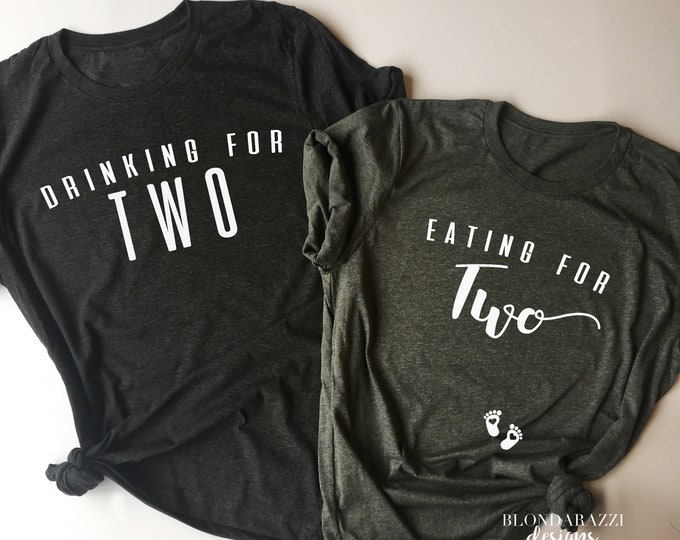 Thanksgiving Pregnancy Announcement Tshirts for Mom and Dad - Drinking and Eating For Two with Baby Footprints