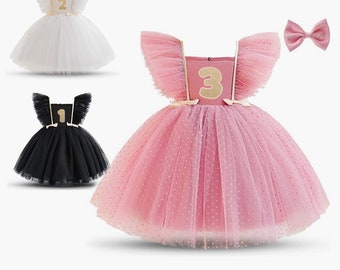 Birthday Dress for Girls - 1st 2nd 3rd 4th or 5th - Fancy Puffy Tulle Dress with Embroidered Age Number - Elegant Satin bows polka dots