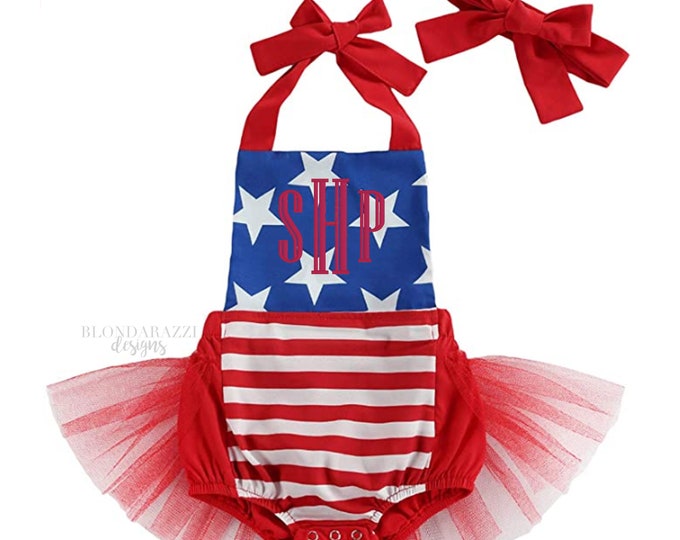 Cute Baby Girls 4th of July Outfit with matching headband and Monogram stars pattern and red tulle half tutu