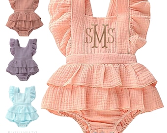 Baby Girls Ruffle Romper Outfit with personalized embroidered monogram