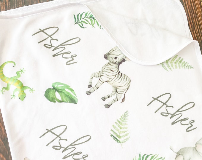 Baby blanket with jungle safari theme baby animals and personalized custom name
