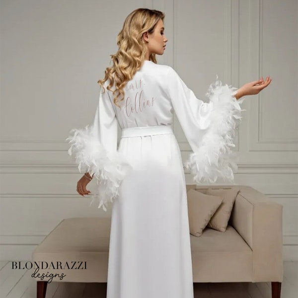 Mrs Robe long sleeve ankle length with big feathers for getting ready on wedding day morning honeymoon bachelorette fancy elegant old money