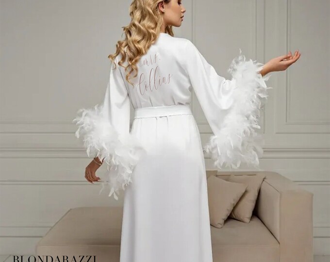 Mrs Robe long sleeve ankle length with big feathers for getting ready on wedding day morning honeymoon bachelorette fancy elegant old money