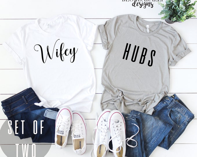 Set of Two Wifey and Hubs Shirts for Bride and Groom matching honeymoon outfits