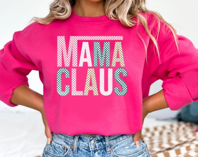 Mama Claus Christmas Sweatshirt or short sleeve tee shirt in hot pink with check print skater design