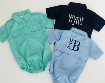 Fishing Bodysuit Outfit for Baby and Toddler Boys with embroidered monogram initials or name - Country Boy Fisherman Shirt Outfit