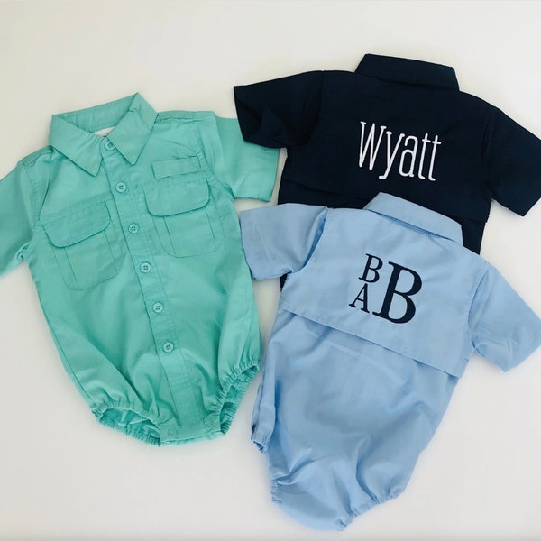 Fishing Bodysuit Outfit for Baby and Toddler Boys with embroidered monogram initials or name - Country Boy Fisherman Shirt Outfit
