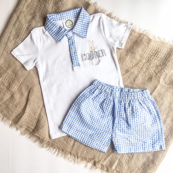 Boys Easter Outfit with shorts and short sleeve blue gingham print and personalized name with a bunny rabbit design