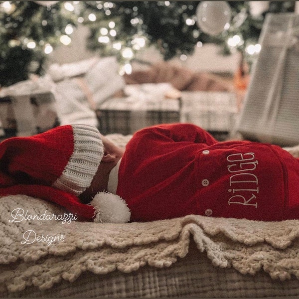 Red Christmas Pajamas with faux butt flap and personalized embroidered name or monogram for babies toddlers kids youth adult matching family