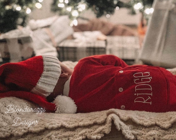 Red Christmas Pajamas with faux butt flap and personalized embroidered name or monogram for babies toddlers kids youth adult matching family