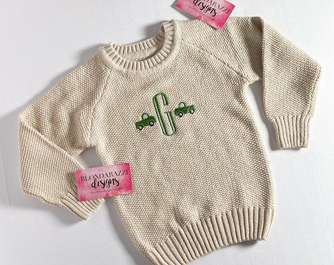 Personalized sweater for baby toddler boys with embroidered initial and mini vintage trucks pick your colors