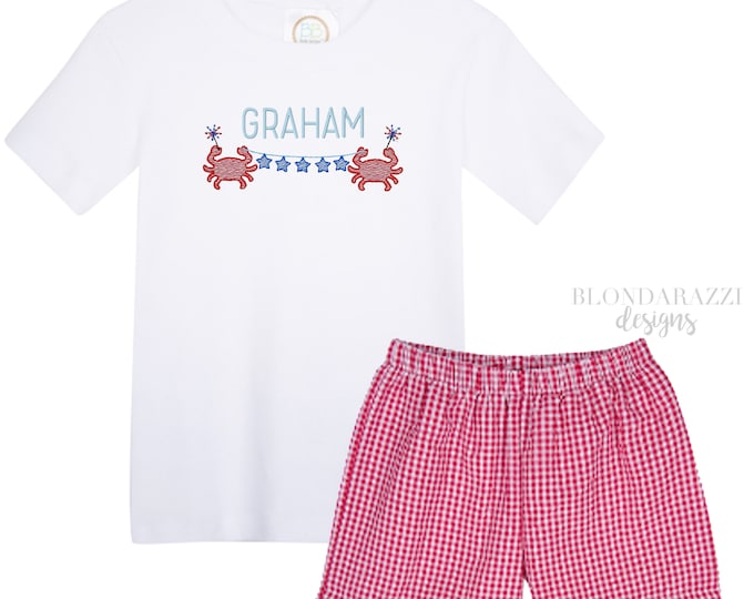 Boys 4th of July outfit with personalized Embroidered design on tshirt and matching red gingham shorts - crabs star banner and sparklers