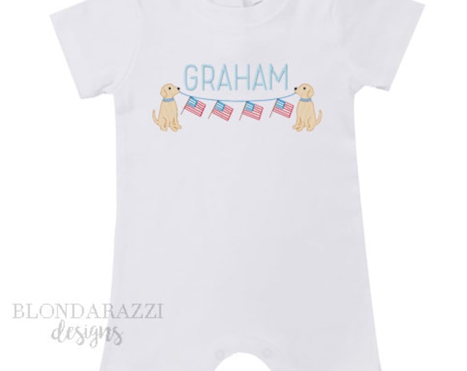 Fourth of July Romper One Piece Outfit with personalized embroidered name and cute dogs holding american flag banner
