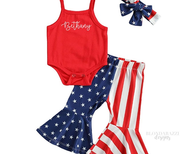 Retro 4th of july baby girl outfit with personalized name embroidered on tank top romper flare bell bottoms pants and matching headband