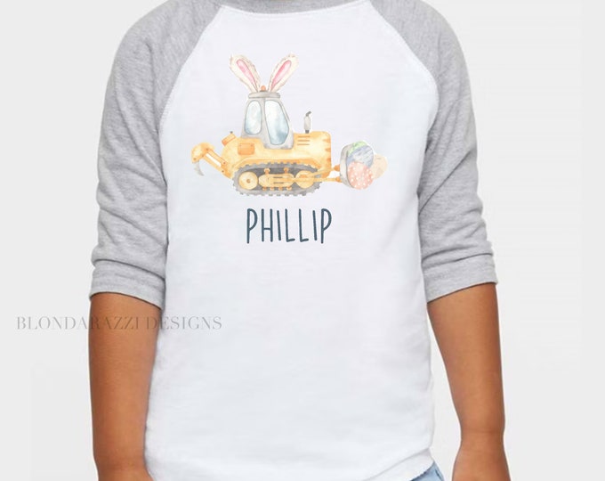 Boys Easter Shirt with Eggs-Cavator Excavator Graphic and Personalized names