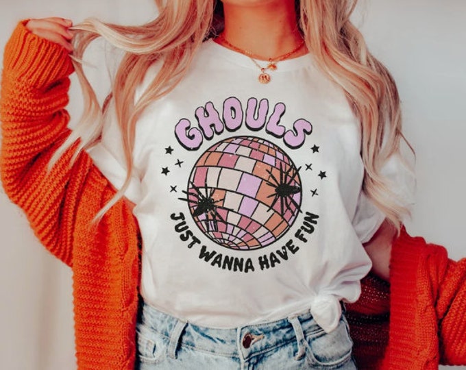 Womens Halloween Shirt - Ghouls Just Wanna Have Fun - Colorful Graphic with Disco Ball Spiders Pink Purple Orange