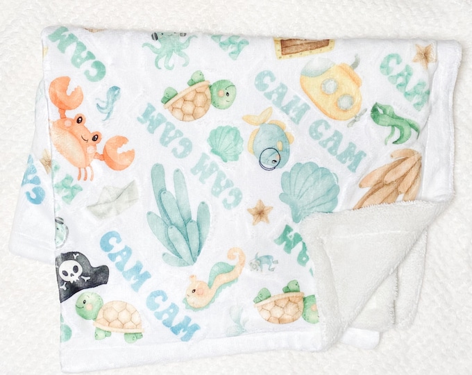 Personalized under the sea baby blanket - ocean turtles whales pirate treasure seaweed coral blue green mint