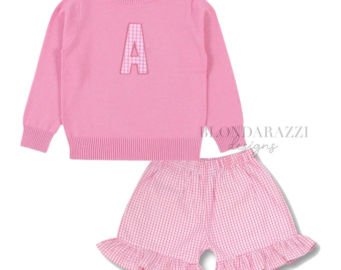 Girls Easter Outfit with sweater and matching plaid ruffle shorts personalized embroidered applique pink white for toddlers children kids