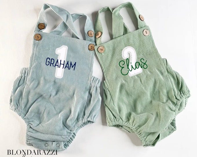 Cute 1st or 2nd birthday Outfit for boy or girl lightweight corduroy bubble romper with embroidered personalized name and age