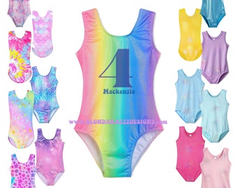 Girls Gymnastics Birthday Leotard with Personalized Name - shiny sparkly metallic pink purple blue rainbow pastel hearts galaxy tie dye