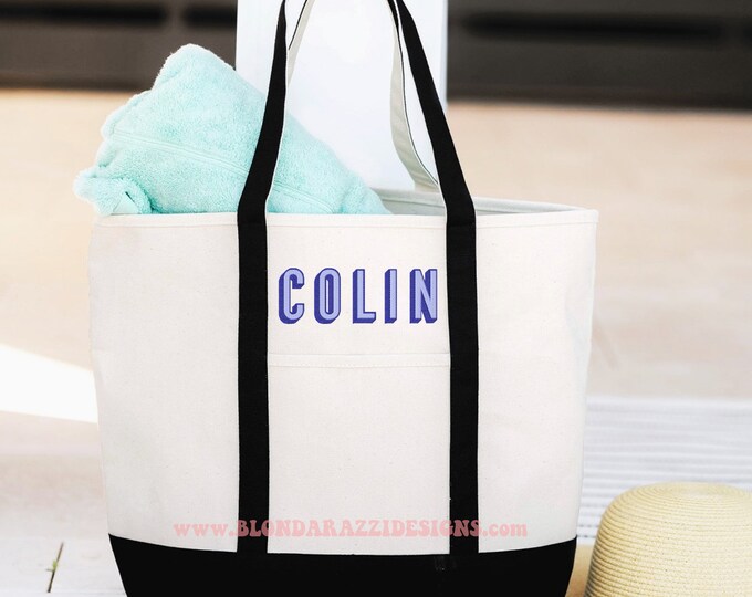 Personalized Tote Bag with Embroidered Name - pink black red navy royal blue teal bright fun colors available