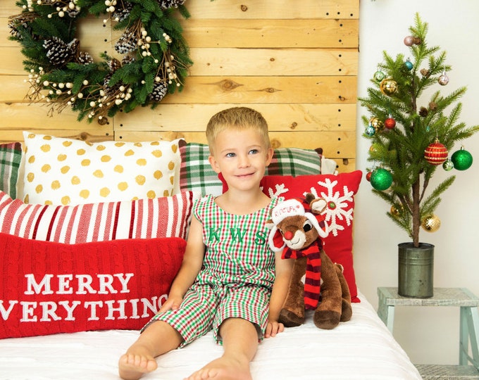 Boys Christmas Outfit - Green Red and White Checkered Plaid Coverall Overalls with Embroidered Personalized Name or Monogram Initials