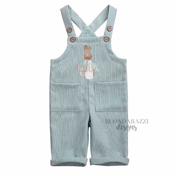 Boys Easter Overalls Outfit with Personalized name embroidered over bunny rabbit design on blue corduroy overalls for baby toddler