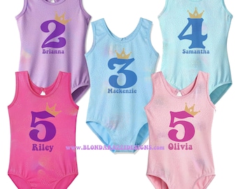Girls Gymnastics Birthday Leotard with Princess theme age numbers & Personalized Name - shiny sparkly metallic pink purple blue colors