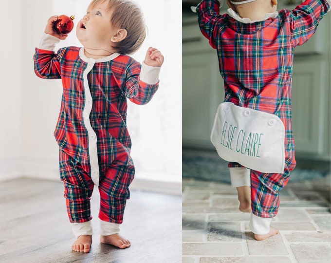 Matching Siblings Christmas Pajamas in Tartan Print with embroidered Butt Flap - infant babies toddler youth sizes - red white green