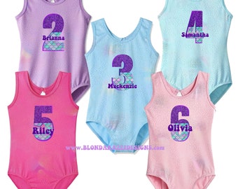 Girls Gymnastics Birthday Leotard with Mermaid theme age numbers & Personalized Name - shiny sparkly metallic pink purple blue colors